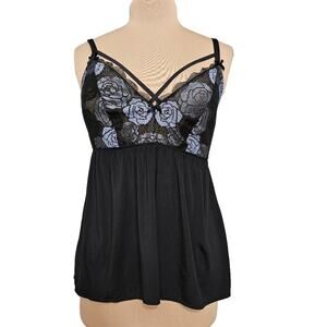 Cacique Nightie Babydoll Black 14/16 Blue Floral Lace Lingerie Cami Coquette Y2K